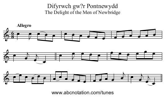 Difyrwch gw?r Pontnewydd - staff notation