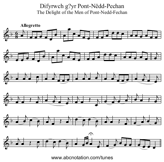 Difyrwch g?yr Pont-Nêdd-Pechan - staff notation