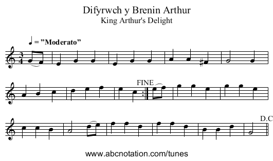 Difyrwch y Brenin Arthur - staff notation