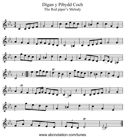 Digan y Pibydd Coch - staff notation
