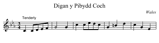 Digan y Pibydd Coch - staff notation