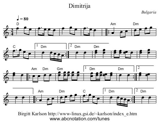 Dimitrija - staff notation