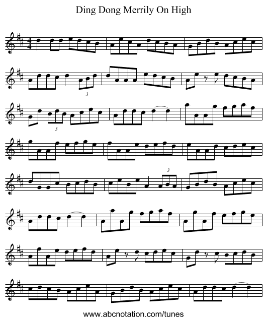 Ding Dong Merrily On High - staff notation