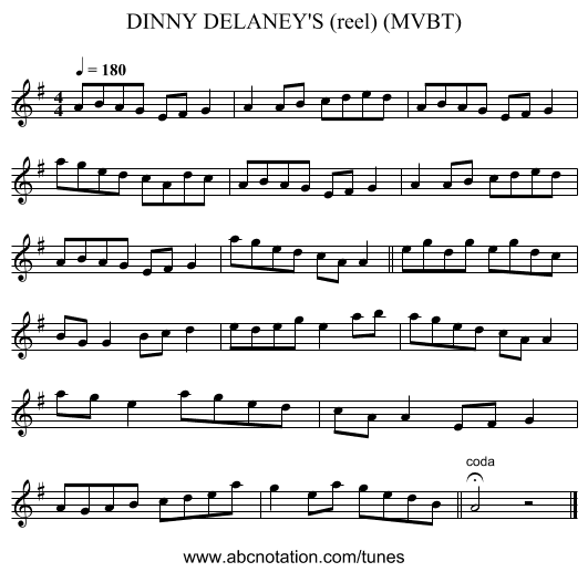 DINNY DELANEY'S (reel) (MVBT) - staff notation
