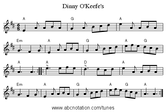 Dinny O'Keefe's - staff notation