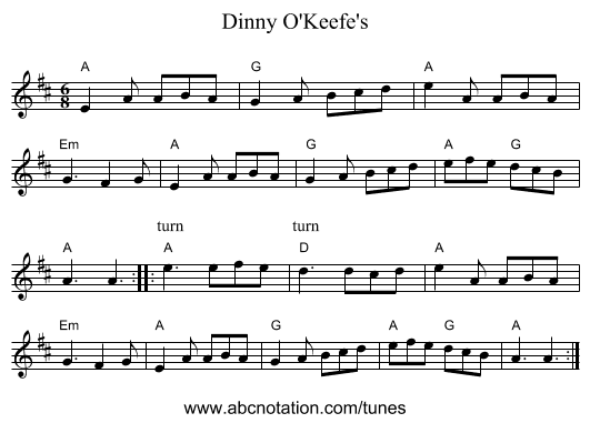 Dinny O'Keefe's - staff notation