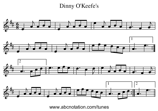 Dinny O'Keefe's - staff notation