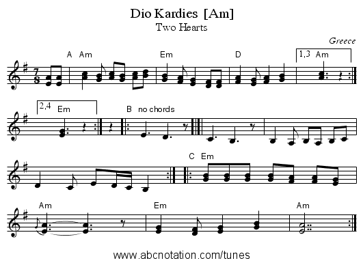 Dio Kardies  [Am] - staff notation