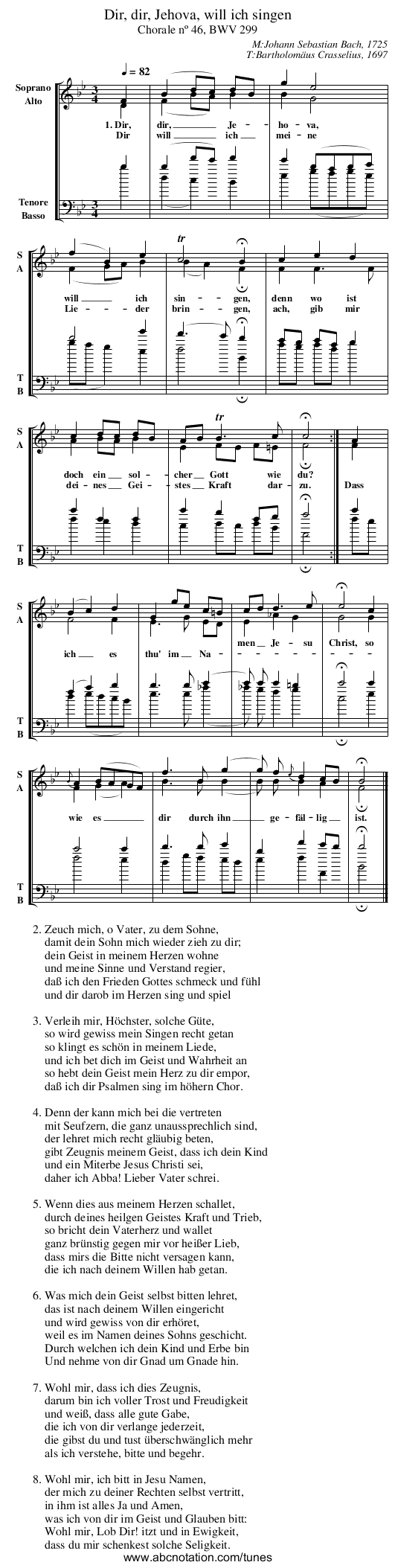 Dir, dir, Jehova, will ich singen - staff notation