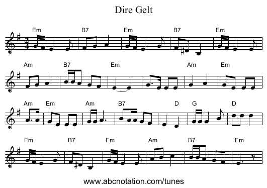 Dire Gelt - staff notation