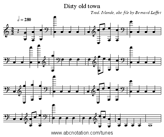 Dirty old town - staff notation