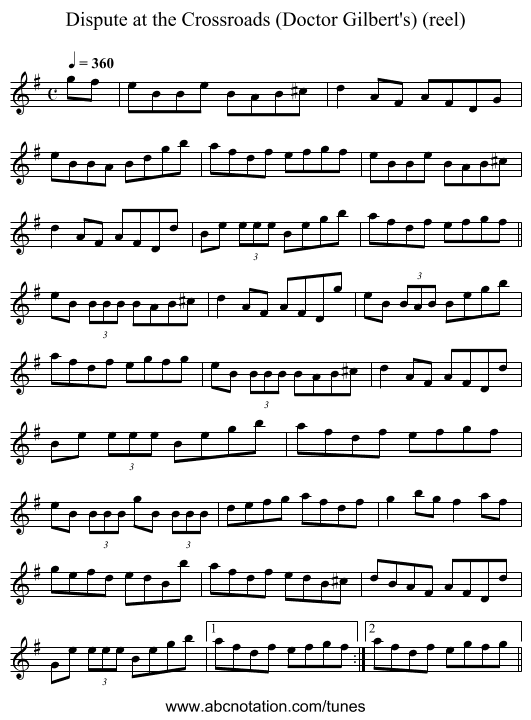 Dispute at the Crossroads (Doctor Gilbert's) (reel) - staff notation