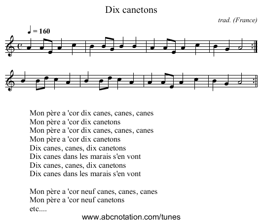 Dix canetons - staff notation