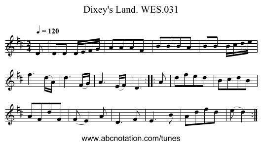 Dixey's Land. WES.031 - staff notation