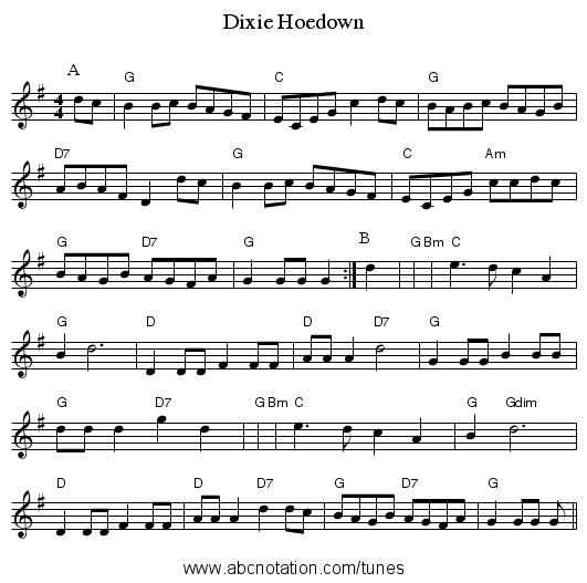 Dixie Hoedown - staff notation