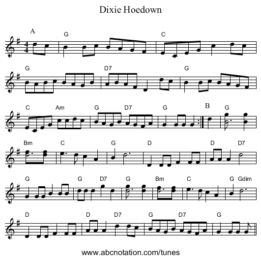 Dixie Hoedown - staff notation