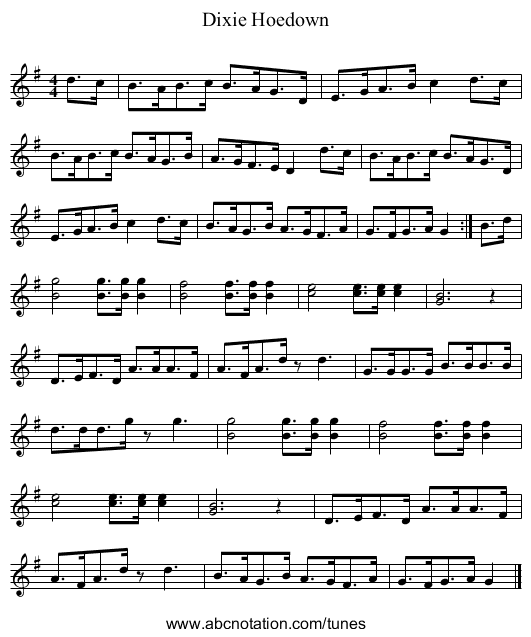 Dixie Hoedown - staff notation