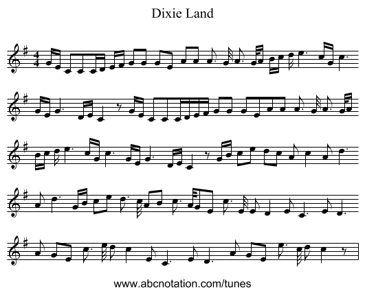 Dixie Land - staff notation