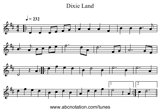 Dixie Land - staff notation