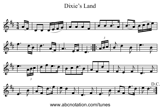 Dixie’s Land - staff notation