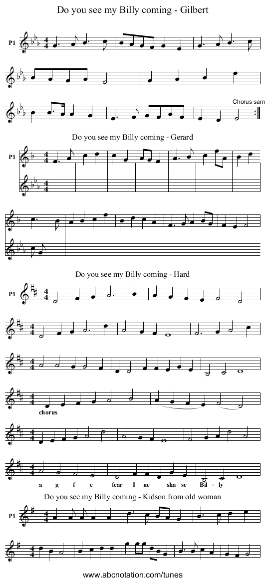Do you see my Billy coming - Gilbert - staff notation