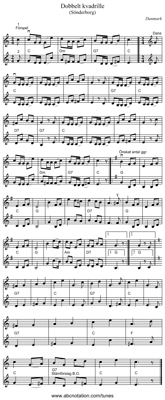 Dobbelt kvadrille - staff notation