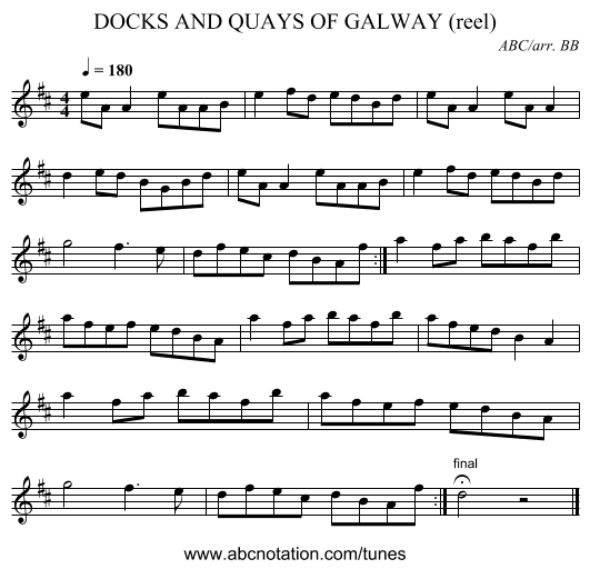 DOCKS AND QUAYS OF GALWAY (reel) - staff notation