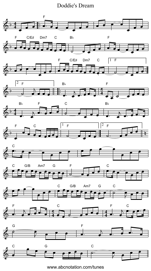 Doddie's Dream - staff notation