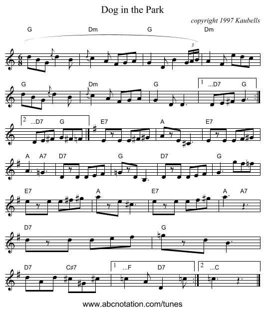 Dog in the Park - staff notation
