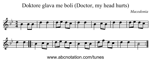 Doktore glava me boli (Doctor, my head hurts) - staff notation
