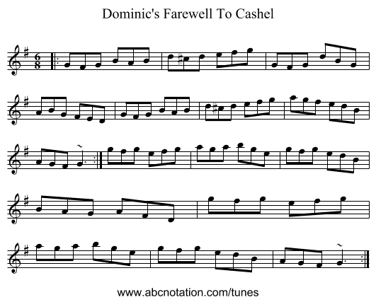 Dominic's Farewell To Cashel - staff notation