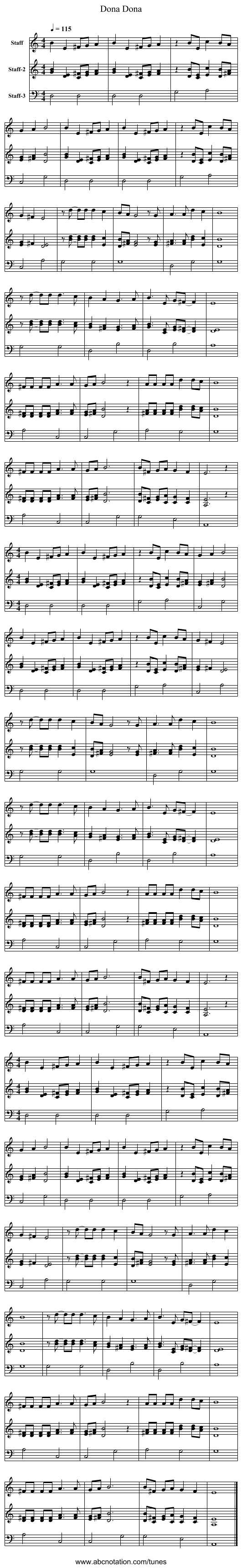 Dona Dona - staff notation
