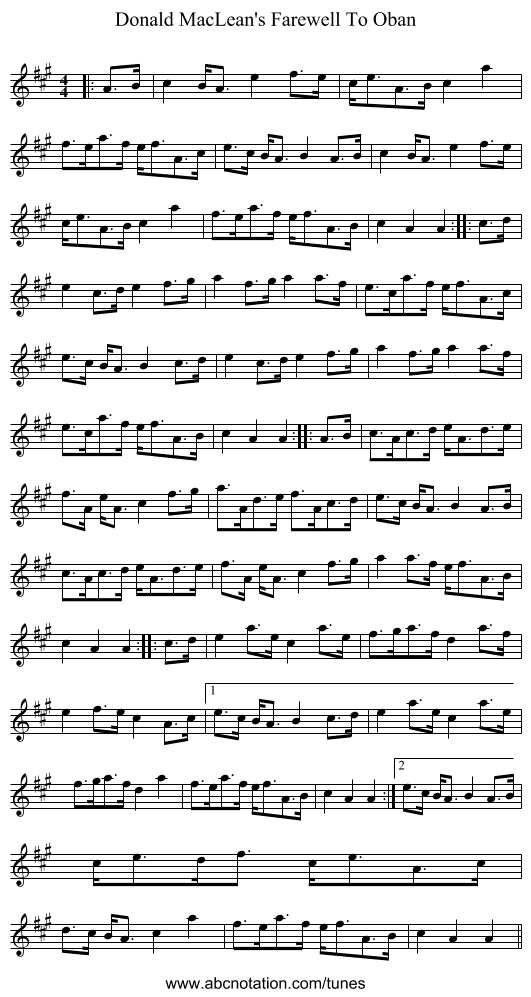 Donald MacLean's Farewell To Oban - staff notation