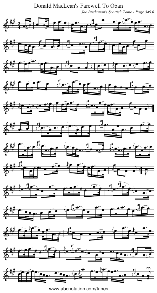 Donald MacLean's Farewell To Oban - staff notation