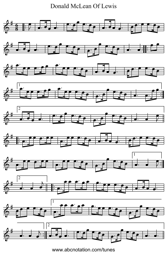 Donald McLean Of Lewis - staff notation