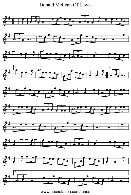 Donald McLean Of Lewis - staff notation