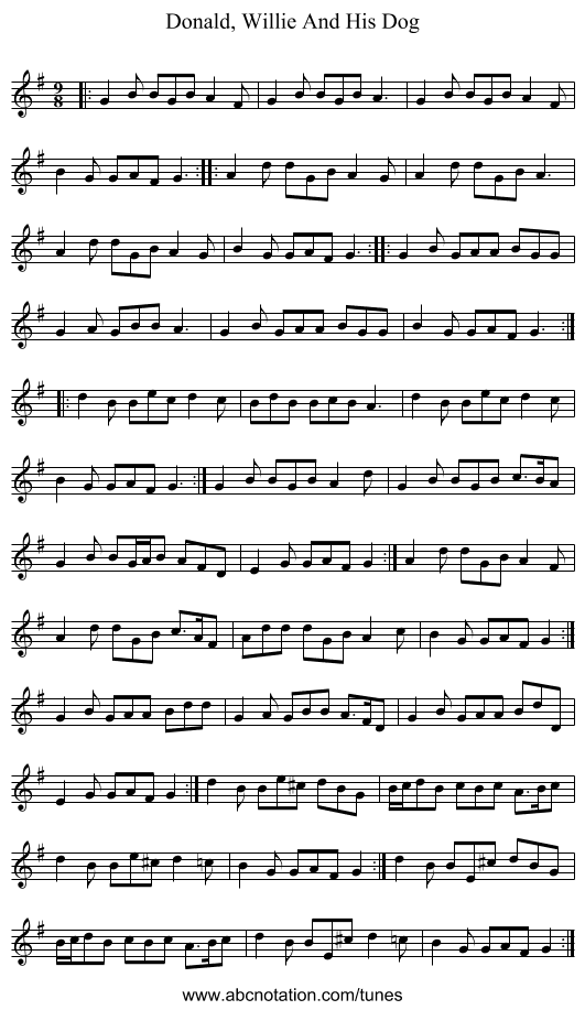 Donald, Willie And His Dog - staff notation