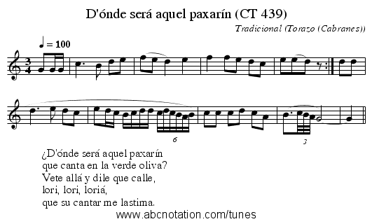 D'ónde será aquel paxarín (CT 439) - staff notation