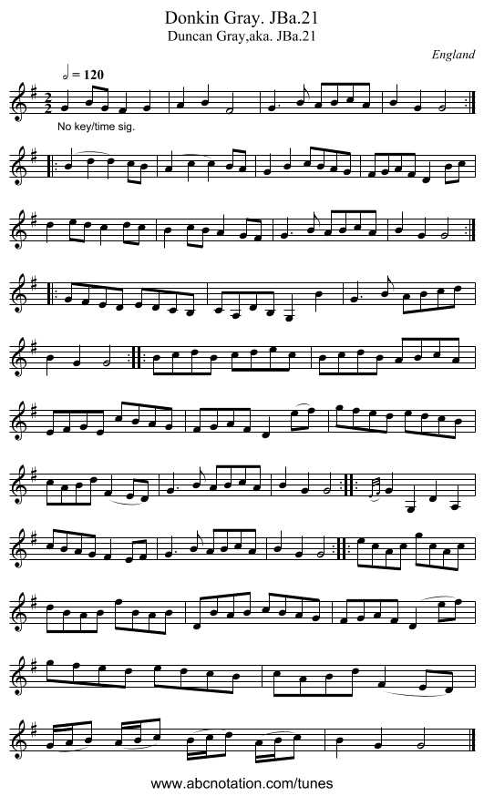 Donkin Gray. JBa.21 - staff notation