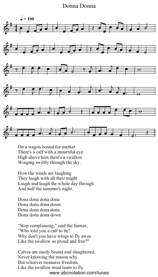 Donna Donna - staff notation