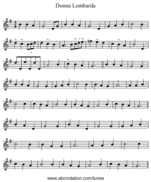 Donna Lombarda - staff notation
