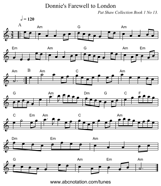 Donnie's Farewell to London - staff notation