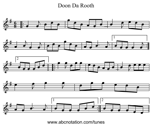 Doon Da Rooth - staff notation