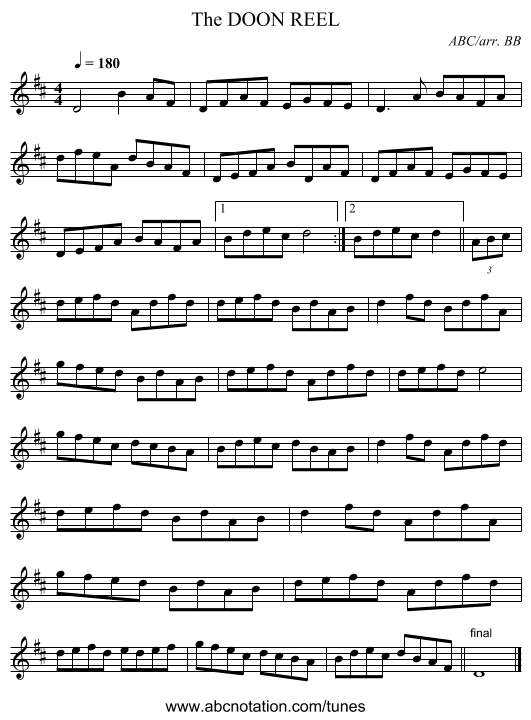 DOON REEL, The - staff notation