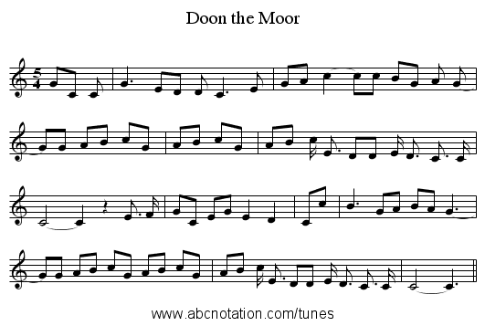 Doon the Moor - staff notation