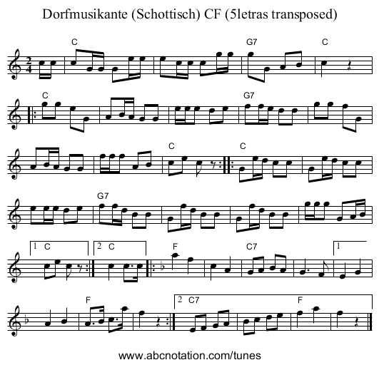 Dorfmusikante (Schottisch) CF (5letras transposed) - staff notation