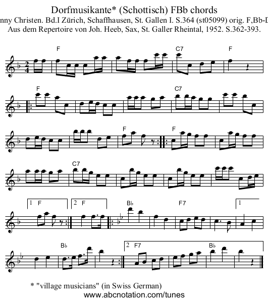 Dorfmusikante* (Schottisch) FBb chords - staff notation