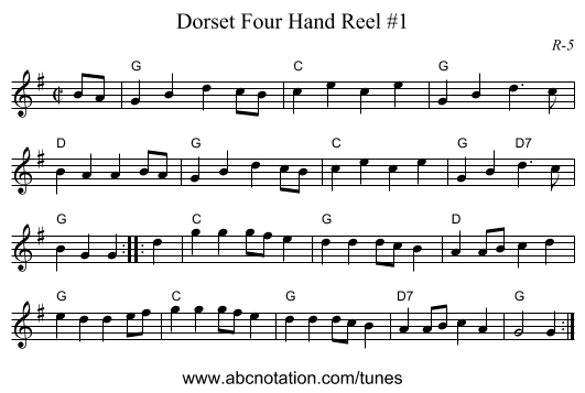 Dorset Four Hand Reel #1 - staff notation