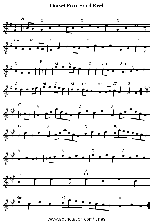 Dorset Four Hand Reel - staff notation