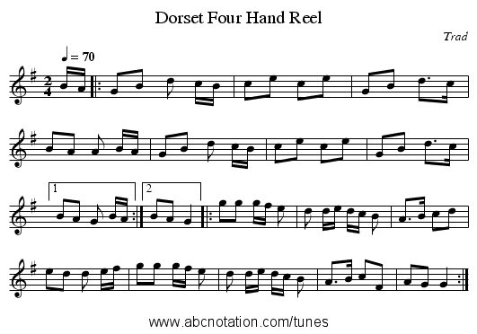 Dorset Four Hand Reel - staff notation